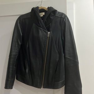 Helmet lang leather hooded jacket